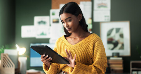 Woman, remote work and typing on tablet for contact, research and feedback on internet. Female...