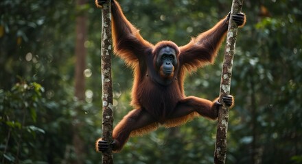 Naklejka premium Orangutan Hanging from Trees in Rainforest Canopy with Arms Extended