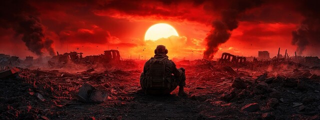Obraz premium A man is sitting in the middle of a desolate, burnt out landscape