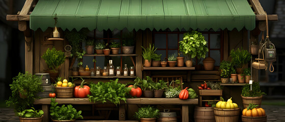 Rustic Vegetable Stall Displaying Fresh Produce in Pots and Baskets Under a Green Canopy in an Outdoor Market