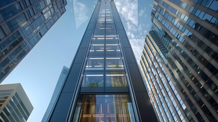 A modern skyscraper viewed from below, showcasing glass and architectural design.