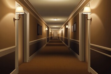 A long empty hallway with elegant lighting creating a warm atmosphere