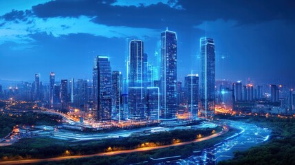Fototapeta premium Modern Cityscape with Digital Overlay