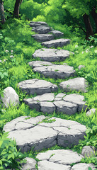 Obraz premium Stone Stairway Through a Green Forest Pixel Art Style Outdoor Landscape With Lush Vegetation and Natural Lighting on Clear Day