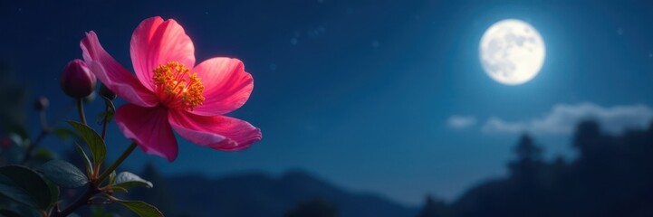 A blooming flower under full moonlight , full bloom, moonlight
