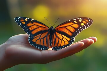 Monarch Butterfly Resting on Human Hand in Natural Light