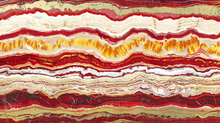 A vibrant cross-section of layered rock showcasing red, cream, and golden hues.