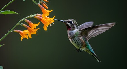 Fototapeta premium Hummingbird feeding on nectar from a vibrant orange flower in flight
