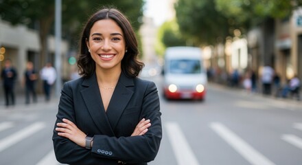 Confident Businesswoman Standing on a City Street – Strong and Professional Urban Portrait