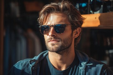 Obraz premium Portrait of a man wearing sunglasses with confident expression in daylight