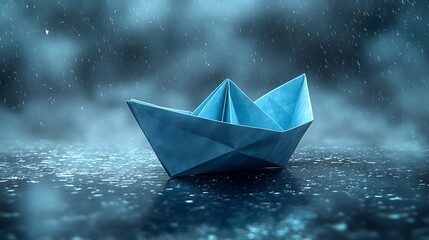 Fototapeta premium Paper boat with rain, night, and reflection.