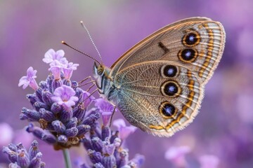 Fototapeta premium Macro image of butterfly on purple flower in nature during summer