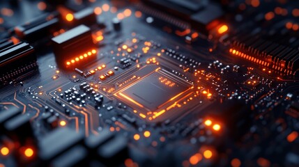 Obraz premium Close-up of glowing circuit board with central processor.