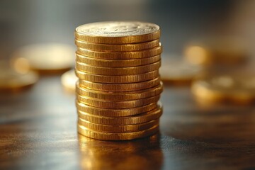Stack of gold coins on wooden table with warm lighting and blurred background