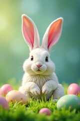 A pair of Easter bunny ears sitting on a bed of soft grass and surrounded by eggs , ears, easter bunny