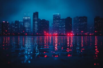 Fototapeta premium Urban waterfront at dusk with glowing buildings and mirror-like water reflections