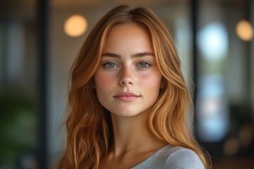 Fototapeta premium Portrait of a young woman with long red hair and soft natural light on her face
