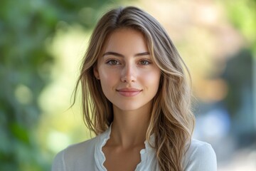 Obraz premium Portrait of a smiling young woman outdoors in soft sunlight