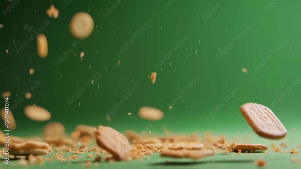 Poster assorted round and square cookies falling and bouncing across green screen background, generating sc