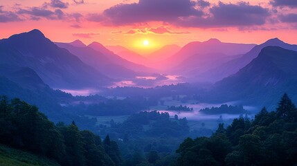 Fototapeta premium Mountain Valley Sunrise Mist