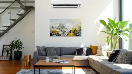 Fototapeta premium A sleek, energy-efficient wall-mounted air conditioner blending seamlessly into a stylish interior.