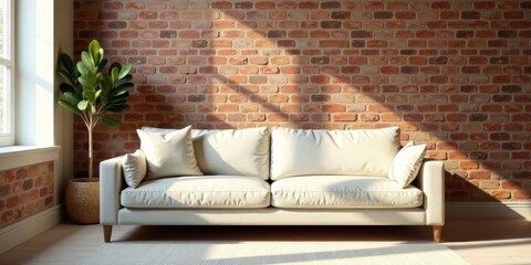 Sunlight streams through a window illuminating a cream colored sofa against a rustic brick wall, creating a cozy and inviting atmosphere in a modern living space