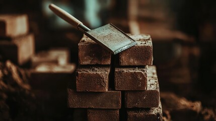 A stack of bricks with a trowel and level resting on top, symbolizing masonry and construction work.