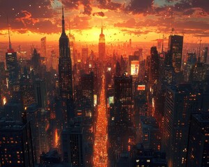 Naklejka premium A bustling cityscape at sunset with skyscrapers and busy streets, Cityscape, Dynamic and vibrant