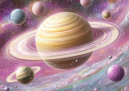 Pastel Planets with Cosmic Rings, and Space.