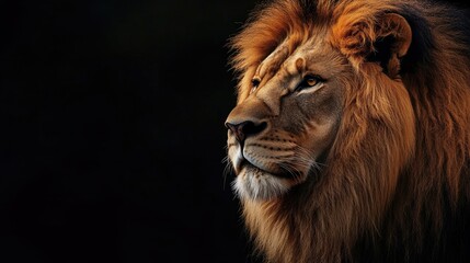 Fototapeta premium Majestic Lion Portrait Showing Power and Calmness Against a Dark Background