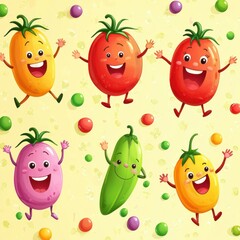 Fototapeta premium A playful illustration of colorful, smiling fruits and vegetables with cheerful faces, surrounded by vibrant, multicolored dots on a light background.