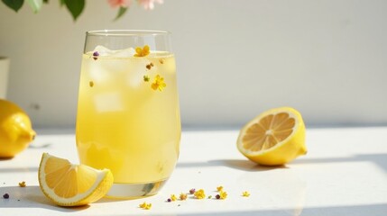 Refreshing Iced Lemon Beverage with Edible Flowers in a Glass