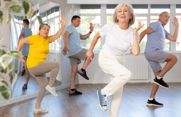 Fototapeta premium Group of aged people rehearsing sports dance in dance hall