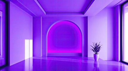 A minimalist purple toned room with an archway and a plant