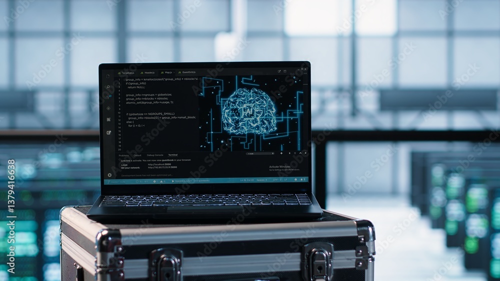 Poster laptop used by data center system administrators using artificial intelligence tech, handheld camera