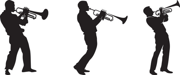 Silhouette of a jazz trumpeter leaning back while playing vector silhouette © Nazia