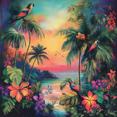 Vibrant tropical scene with parrots, palm trees, and colorful flowers at sunset.