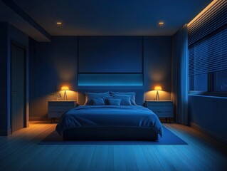 A modern bedroom interior displaying furniture and ambient illumination at night
