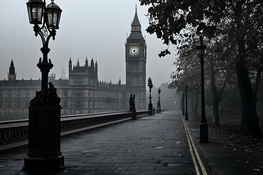 Fototapeta Gloomy Cityscape: Foggy Morning View of a Historic Clock Tower and Parliament Building