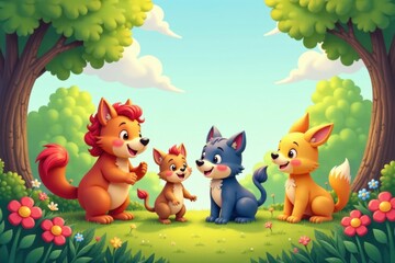 Naklejka premium Cartoon animal friends playing together in a colorful garden, outdoor, friendship