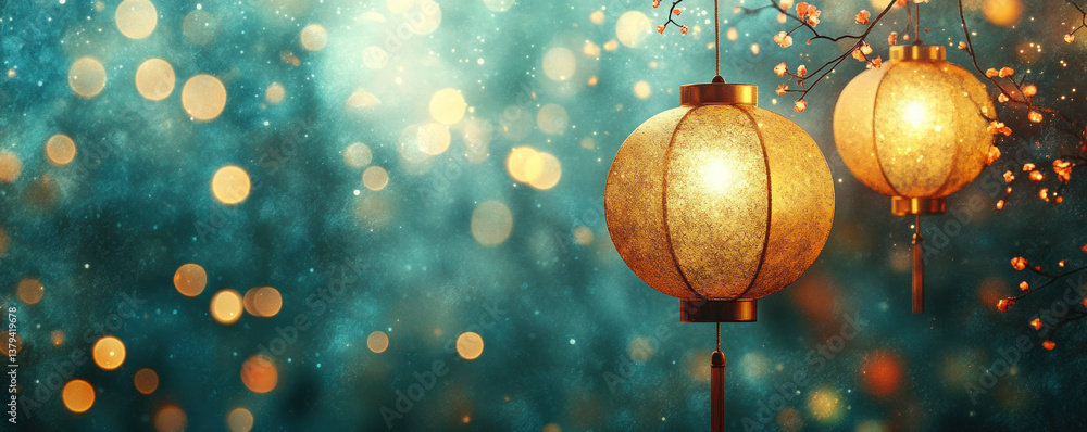 Aufkleber two lanterns hanging from a tree, one of which is lit. the scene has a warm and inviting atmosphere,