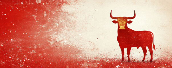 A bull is standing in a red field with white snow. The bull is looking at the camera