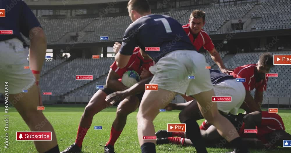 Poster animation of rugby players in action with play and subscribe buttons overlay