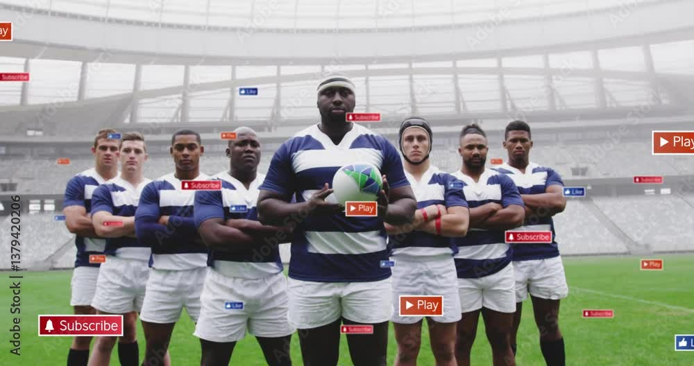Poster standing on field, rugby team with animation of digital play and subscribe buttons