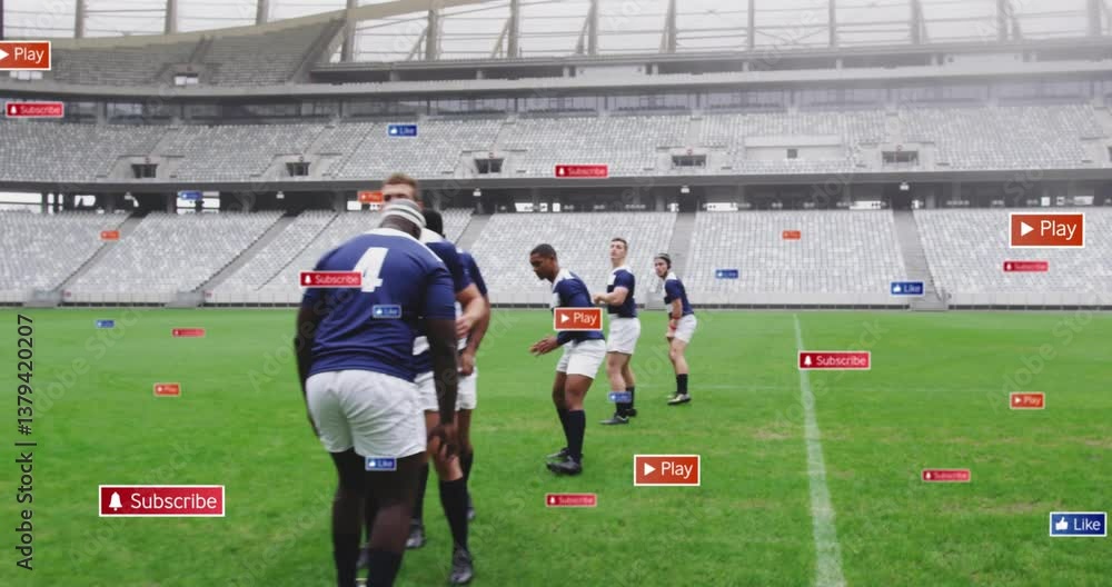 Poster rugby players on field with animation of digital buttons like play and subscribe