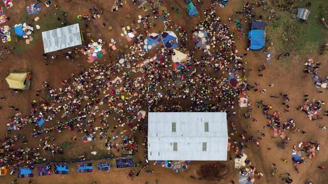 Top View Of Crowded Tribal Market In Kako Village, Omo Valley, Ethiopia. aerial shot