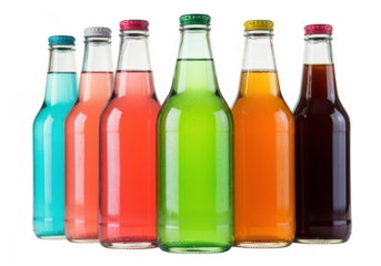 Assorted colorful fruit soda bottles refreshing beverages on transparent
