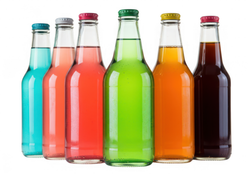 Assorted colorful fruit soda bottles refreshing beverages on transparent