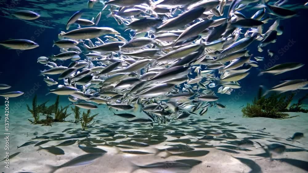 Poster underwater video capturing a dynamic school of fish from a low-angle, showcasing movement and light 