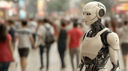 Futuristic robot standing out from a blurred crowd in a city scene with detailed metallic skeleton